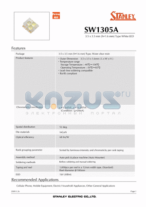 SW1305A datasheet - 3.5 x 3.5 mm (h=1.6 mm) Type White LED