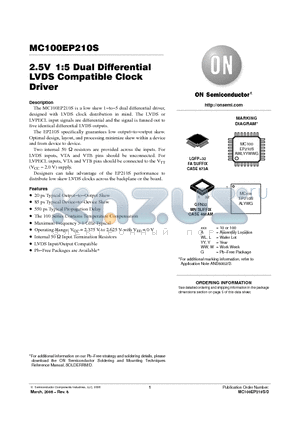MC100EP210SFAR2 datasheet - 2.5V 1:5 Dual Differential LVDS Compatible Clock Driver