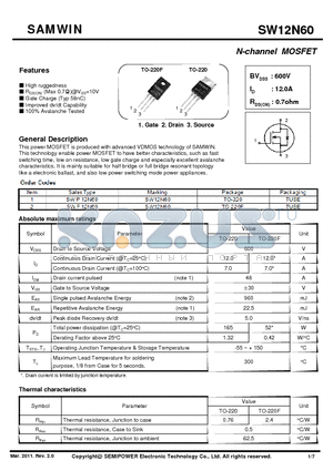 SW12N60 datasheet - N-channel MOSFET