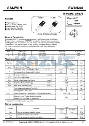 SW12N65 datasheet - N-channel MOSFET