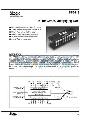 SP9316C-4 datasheet - 16-Bit CMOS Multiplying DAC