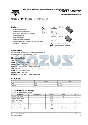 S852TW datasheet - Silicon NPN Planar RF Transistor