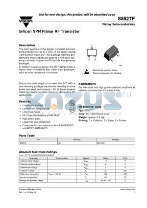 S852TF datasheet - Silicon NPN Planar RF Transistor