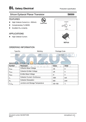S8550 datasheet - Silicon Epitaxial Planar Transistor