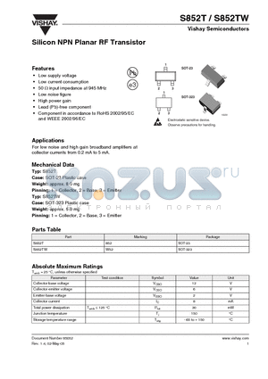 S852TW datasheet - Silicon NPN Planar RF Transistor