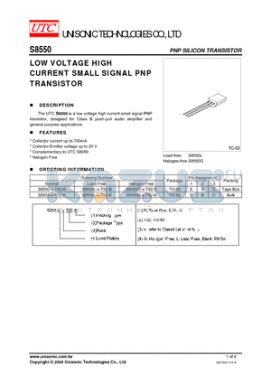 S8550G-X-T92-B datasheet - LOW VOLTAGE HIGH CURRENT SMALL SIGNAL PNP TRANSISTOR