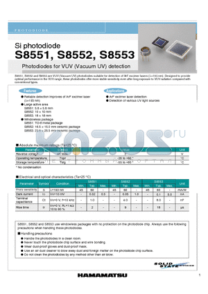 S8553 datasheet - Photodiodes for VUV (Vacuum UV) detection