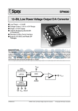 SP9600BS datasheet - 12-Bit, Low Power Voltage Output D/A Converter