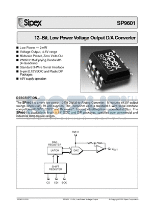 SP9601AN datasheet - 12-Bit, Low Power Voltage Output D/A Converter