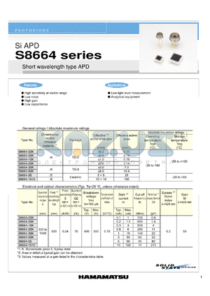 S8664 datasheet - Short wavelength type APD