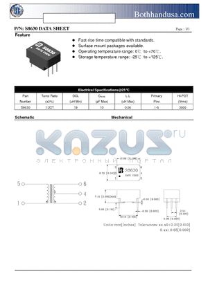 S8630 datasheet - T3/DS3/E3/STS-1 TRANSFORMER