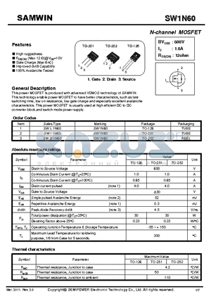 SW1N60 datasheet - N-channel MOSFET