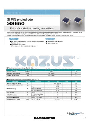 S8650 datasheet - Si PIN photodiode Flat surface ideal for bonding to scintillator