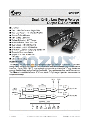 SP9602 datasheet - Dual, 12-Bit, Low Power Voltage Output D/A Converter