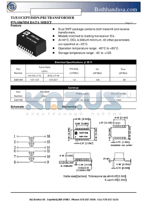 S8678M datasheet - T1/E1/CEPT/ISDN-PRI TRANSFORMER