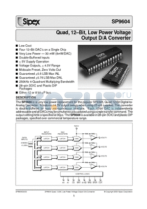 SP9604JS datasheet - Quad, 12-Bit, Low Power Voltage Output D/A Converter