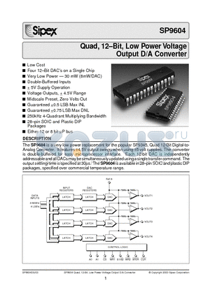 SP9604KP datasheet - Quad, 12-Bit, Low Power Voltage Output D/A Converter