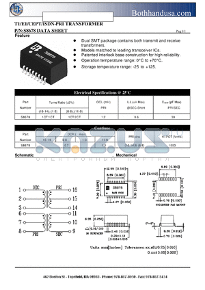 S8678 datasheet - T1/E1/CEPT/ISDN-PRI TRANSFORMER