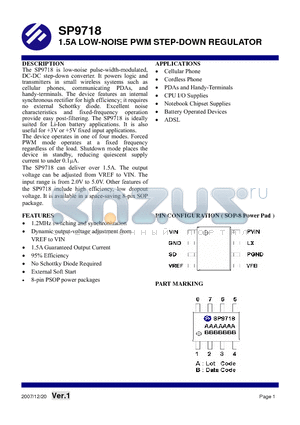 SP9718 datasheet - 1.5A LOW-NOISE PWM STEP-DOWN REGULATOR
