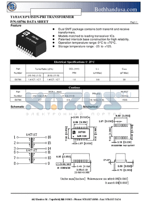 S8786 datasheet - T1/E1/CEPT/ISDN-PRI TRANSFORMER