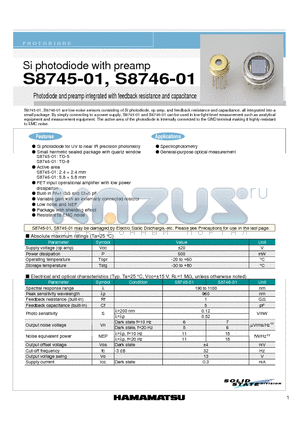 S8746-01 datasheet - Photodiode and preamp integrated with feedback resistance and capacitance