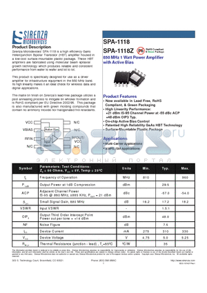 SPA-1118 datasheet - 850 MHz 1 Watt Power Amplifier with Active Bias