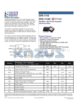 SPA-1118Z datasheet - 850 MHz 1 Watt Power Amplifier with Active Bias