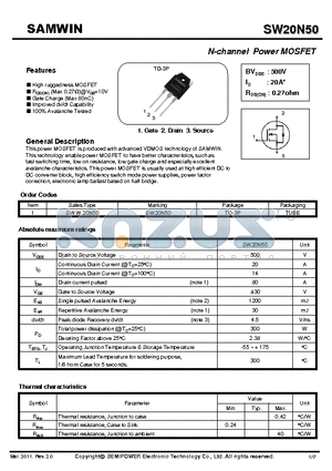 SW20N50 datasheet - N-channel Power MOSFET