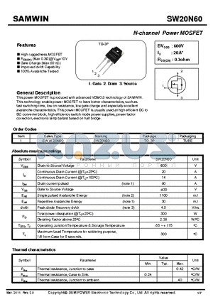 SW20N60 datasheet - N-channel Power MOSFET
