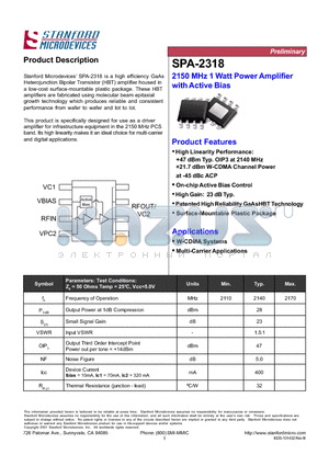 SPA-2318 datasheet - 2150 MHz 1 Watt Power Amplifier with Active Bias