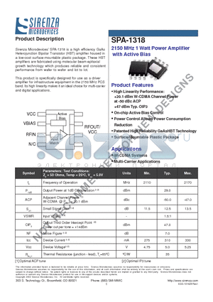 SPA-1318 datasheet - 2150 MHz 1 Watt Power Amplifier with Active Bias