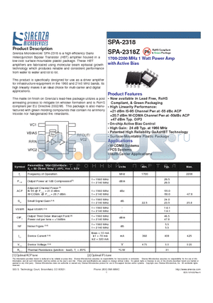 SPA-2318Z datasheet - 1700-2200 MHz 1 Watt Power Amp with Active Bias