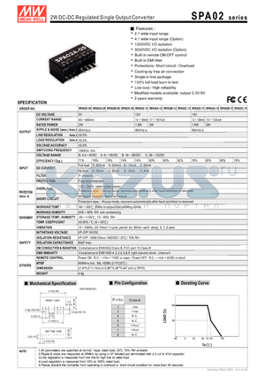 SPA02_11 datasheet - 2W DC-DC Regulated Single Output Converter