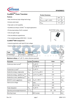 SPA02N80C3_08 datasheet - CoolMOSTM Power Transistor