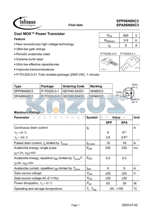 SPA06N80C3 datasheet - Cool MOS Power Transistor