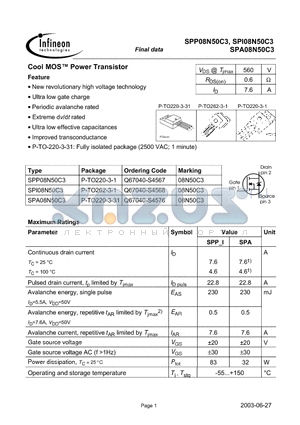 SPA08N50C3 datasheet - Cool MOS Power Transistor