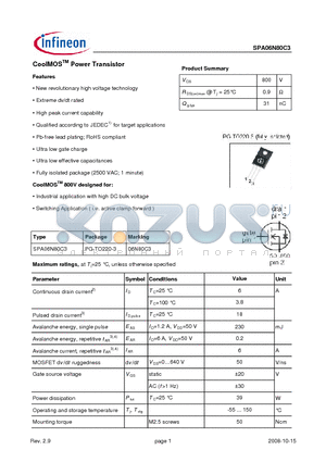 SPA06N80C3 datasheet - CoolMOSTM Power Transistor