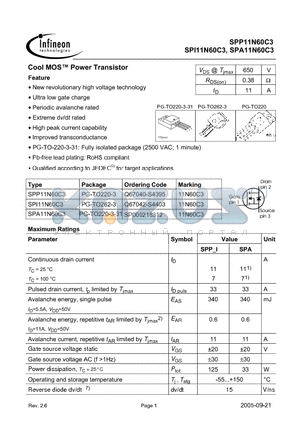 SPA11N60C3 datasheet - Cool MOS Power Transistor
