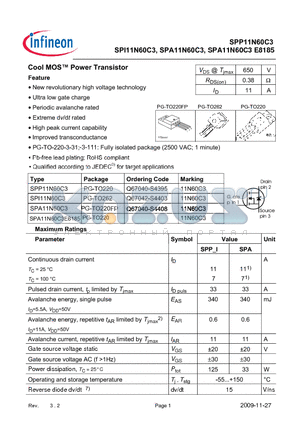 SPA11N60C3 datasheet - Cool MOS Power Transistor Feature New revolutionary high voltage technology