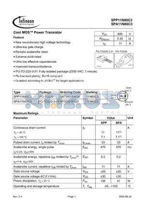 SPA11N80C3 datasheet - Cool MOS Power Transistor