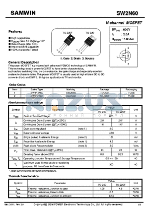 SW2N60 datasheet - N-channel MOSFET (TO-220F , TO-220)