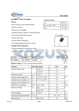 SPA11N80C3 datasheet - CoolMOSTM Power Transistor Features New revolutionary high voltage technology