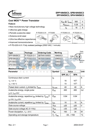 SPA16N50C3 datasheet - Cool MOS Power Transistor