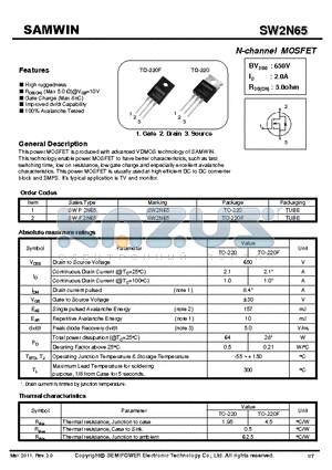 SW2N65 datasheet - N-channel MOSFET