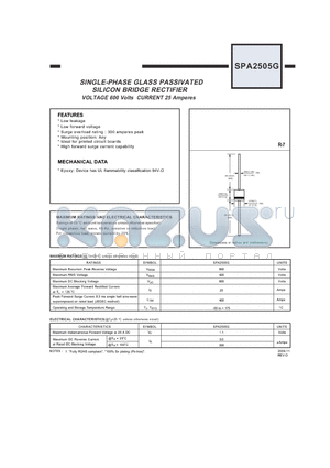SPA2505G datasheet - SINGLE-PHASE GLASS PASSIVATED SILICON BRIDGE RECTIFIER VOLTAGE 600 Volts CURRENT 25 Amperes