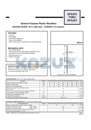 SPA252 datasheet - General Purpose Plastic Rectifiers VOLTAGE RANGE 50 to 1000 Volts CURRENT 2.5 Amperes