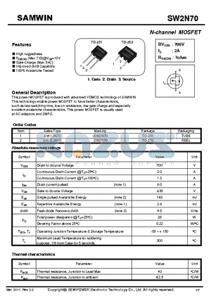 SW2N70 datasheet - N-channel MOSFET