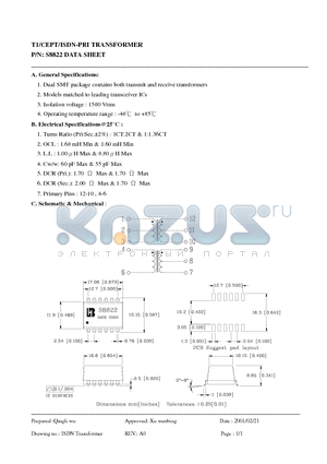 S8822 datasheet - T1/CEPT/ISDN-PRI TRANSFORMER