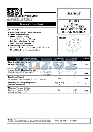 SPA516-2F datasheet - 10 AMPS 150 nsec FAST RECOVERY DUAL SINGLE PHASE BRIDGE ASSEMBLY