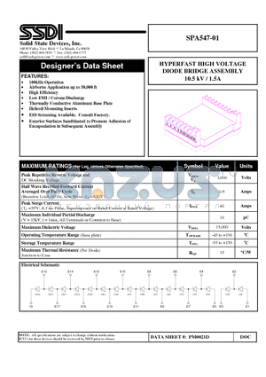 SPA547-01 datasheet - HYPERFAST HIGH VOLTAGE DIODE BRIDGE ASSEMBLY 10.5 kV / 1.5A